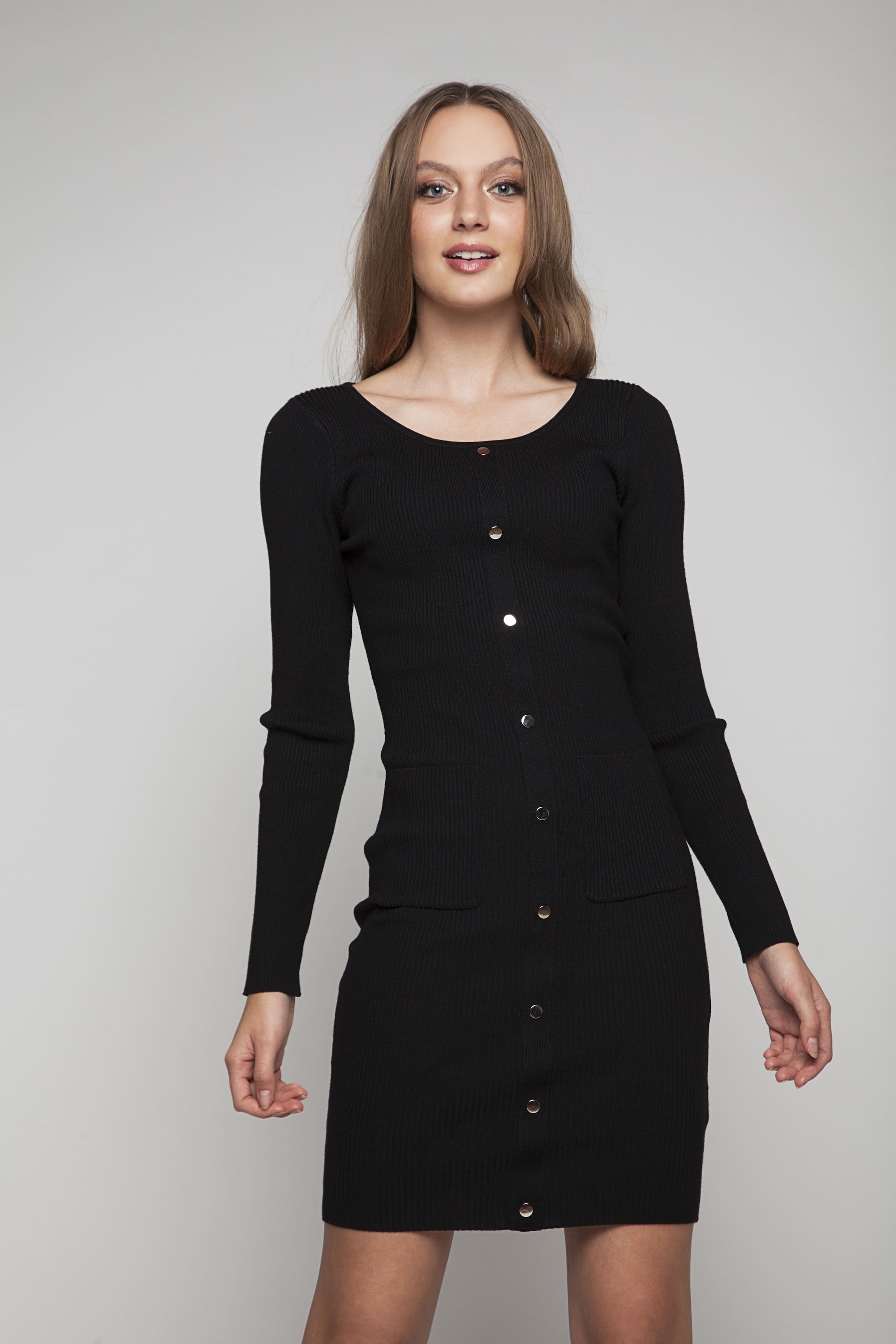 Comfortable knitted dress with silver-colour buttons