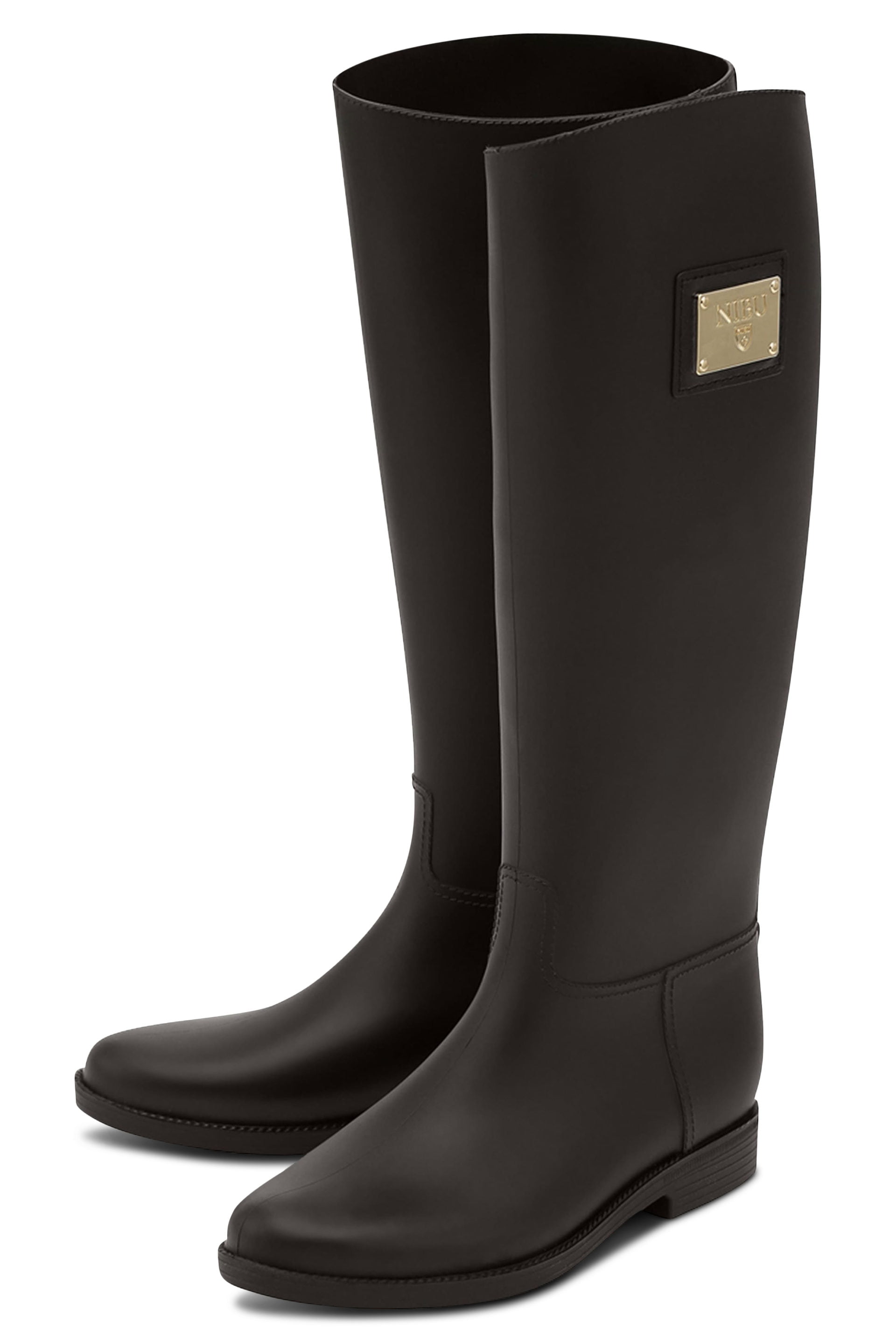 Brown rainboots with gold-colour logo