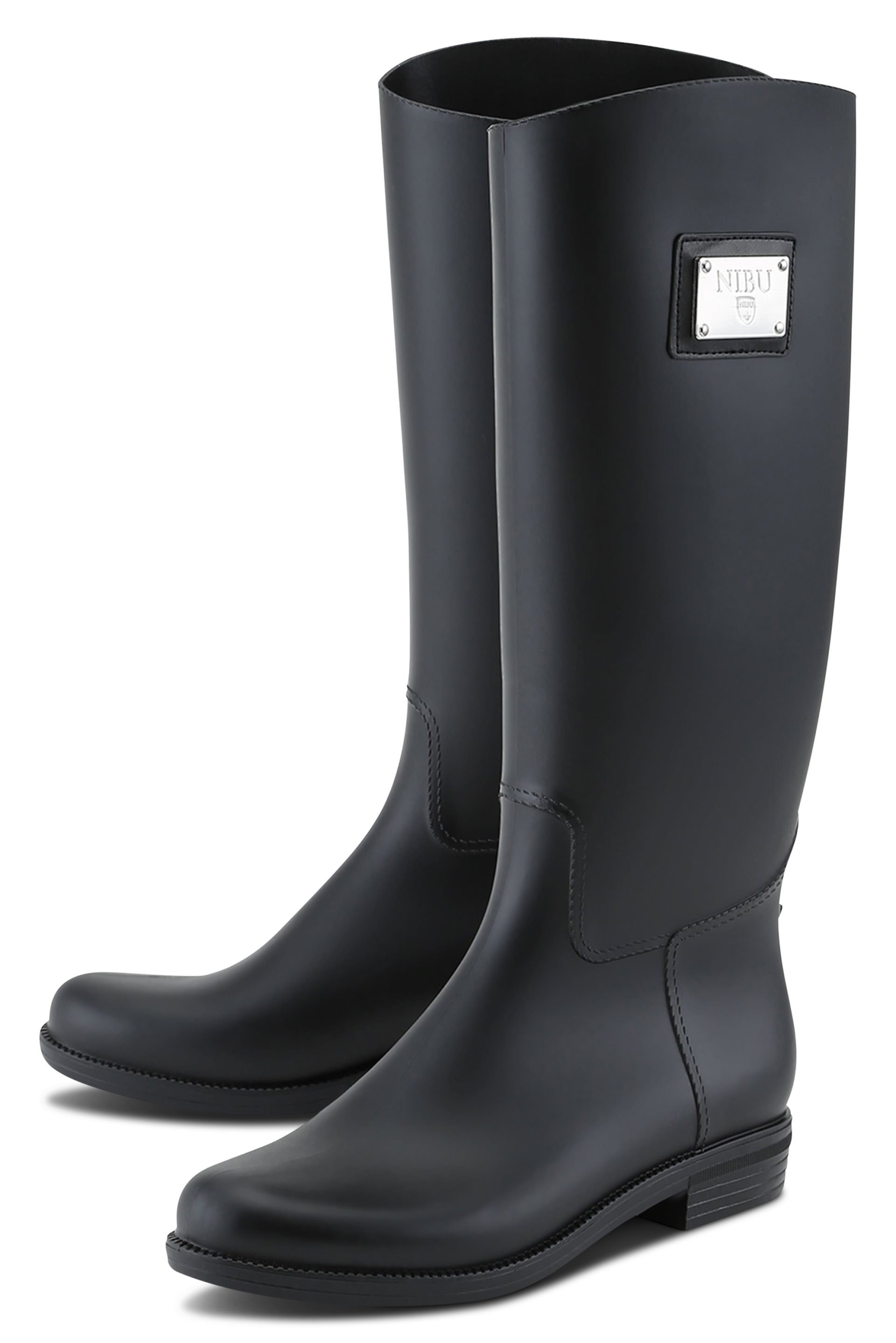 Black rainboots with silver logo plate
