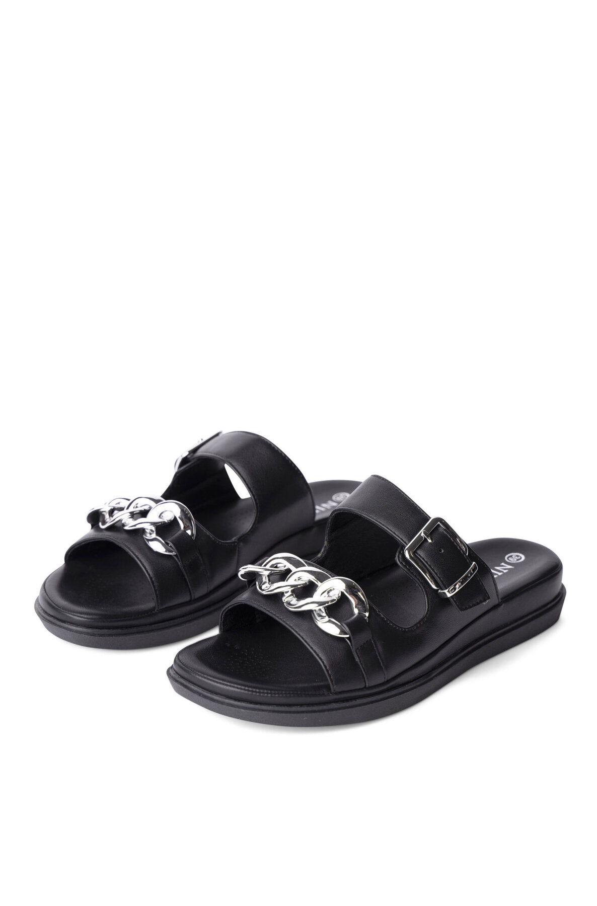 løn nedenunder Dronning Flotte sandaler i sort med sølvfarvet kæde - Nibu Copenhagen Denmark